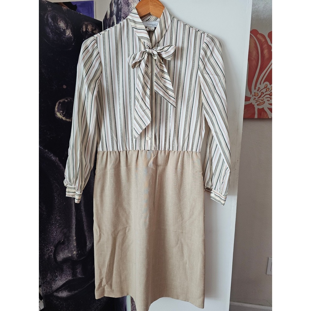 Warren Petites Vintage Striped Bow Secretary Dress Tan Green Brown Size 10